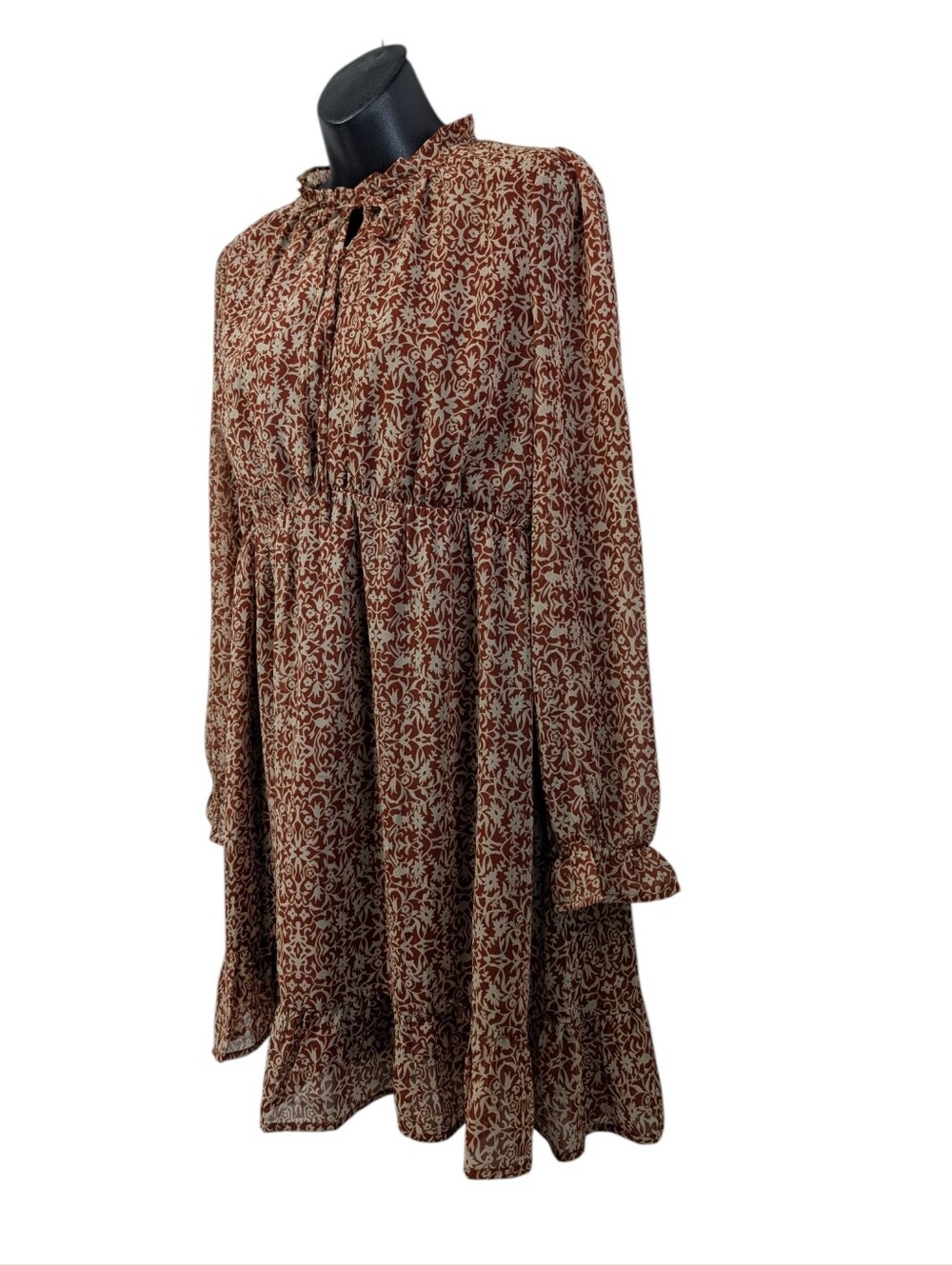 Doe & Rae Rust Floral Print Ruffle Neck Tie Long Sleeve Mini Dress S NWT - Picture 3 of 10